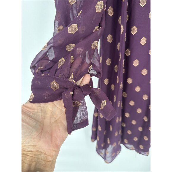New CALVIN KLEIN Womens Size 2 Purple Gold Tie Cuffs Balloon Sleeve Shift Dress - Picture 5 of 11